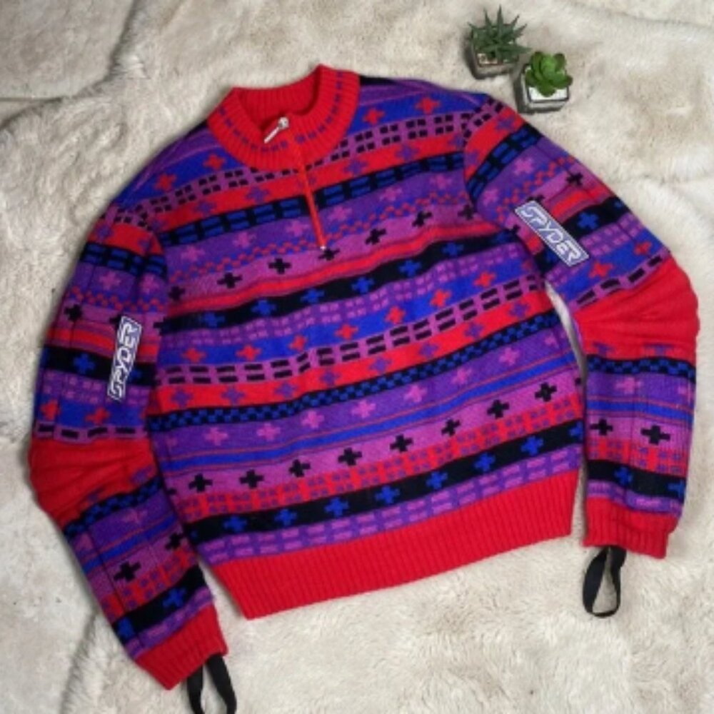 Spyder Vintage Half Zip Sweater Pullover Ski Size Medium Red Purple Black